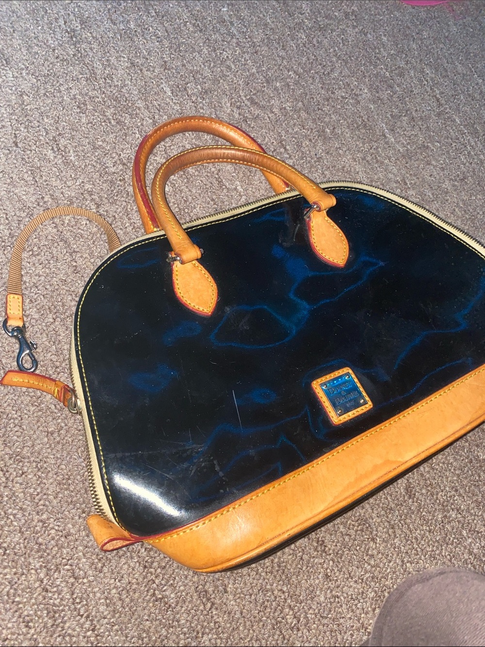 Dooney & Bourke Black Patent Satchel with Tan Leather Trim